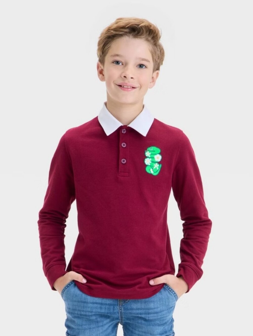 Kids' Lunar New Year Long Sleeve Polo Shirt - Burgundy M